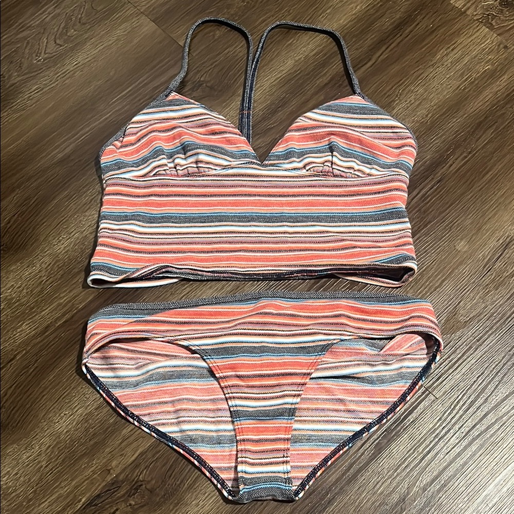 Nautica Coral and Gray Striped Bikini Set